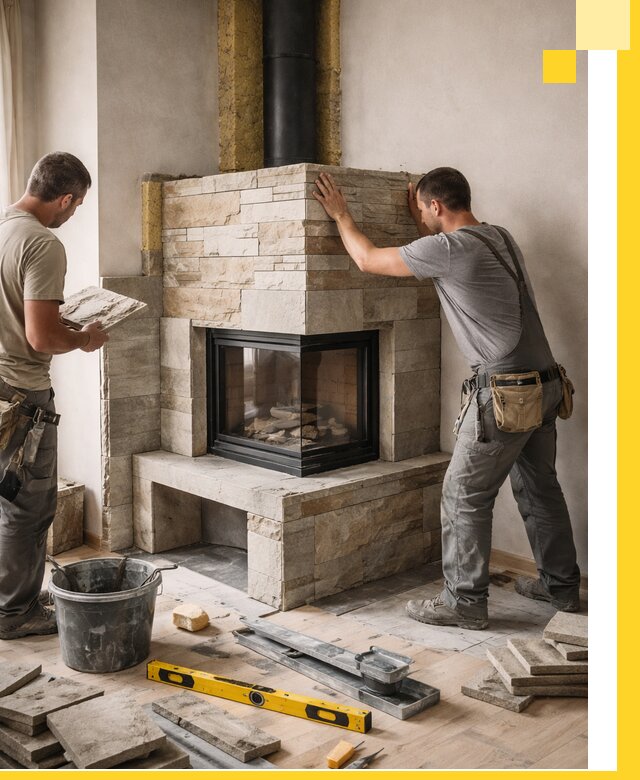 Угловые камины под ключ проект, монтаж и отделка в Ишимбае